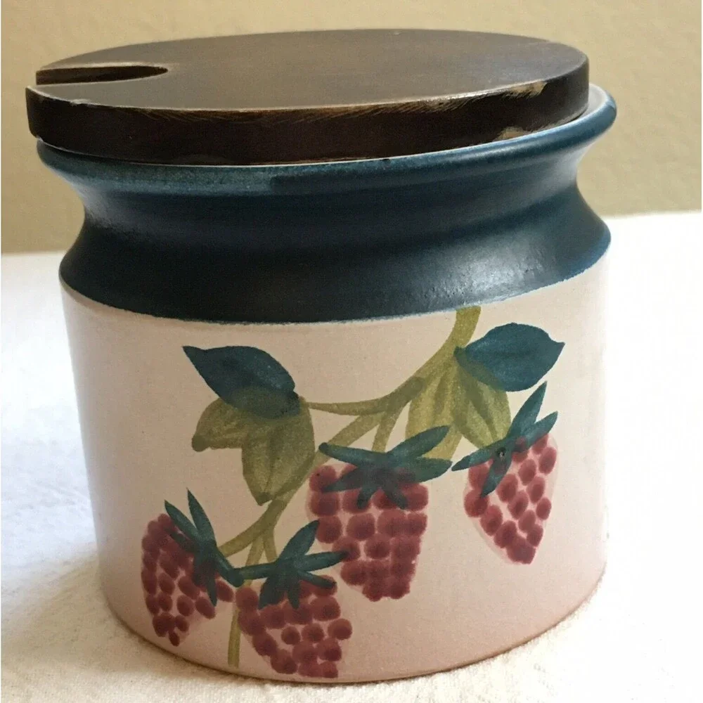 Vintage German Pottery Jam Jar Wooden Lid marked #820 Luzerner Keramik